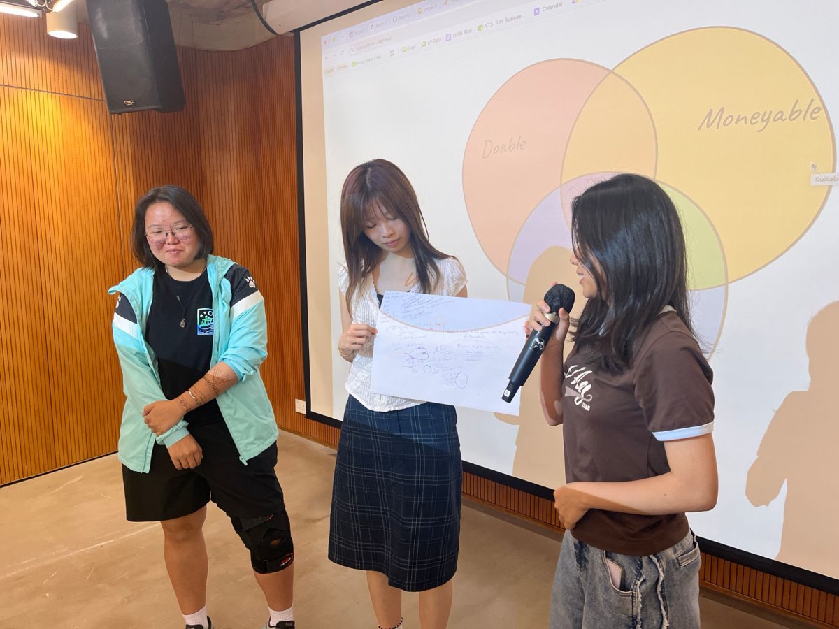 A team presenting, with the Young Tinker idea framework on screen
