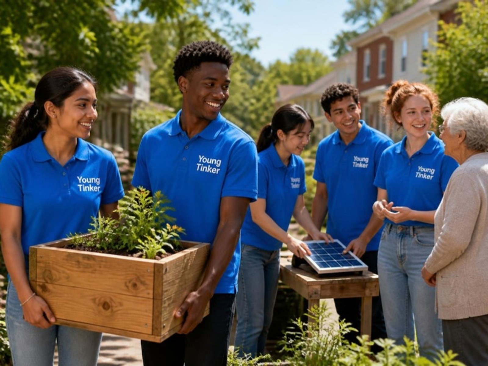 Young people of different backgrounds in blue Young Tinker T-shirts carrying a planter they built in a community garden, talking with an elderly neighbour
