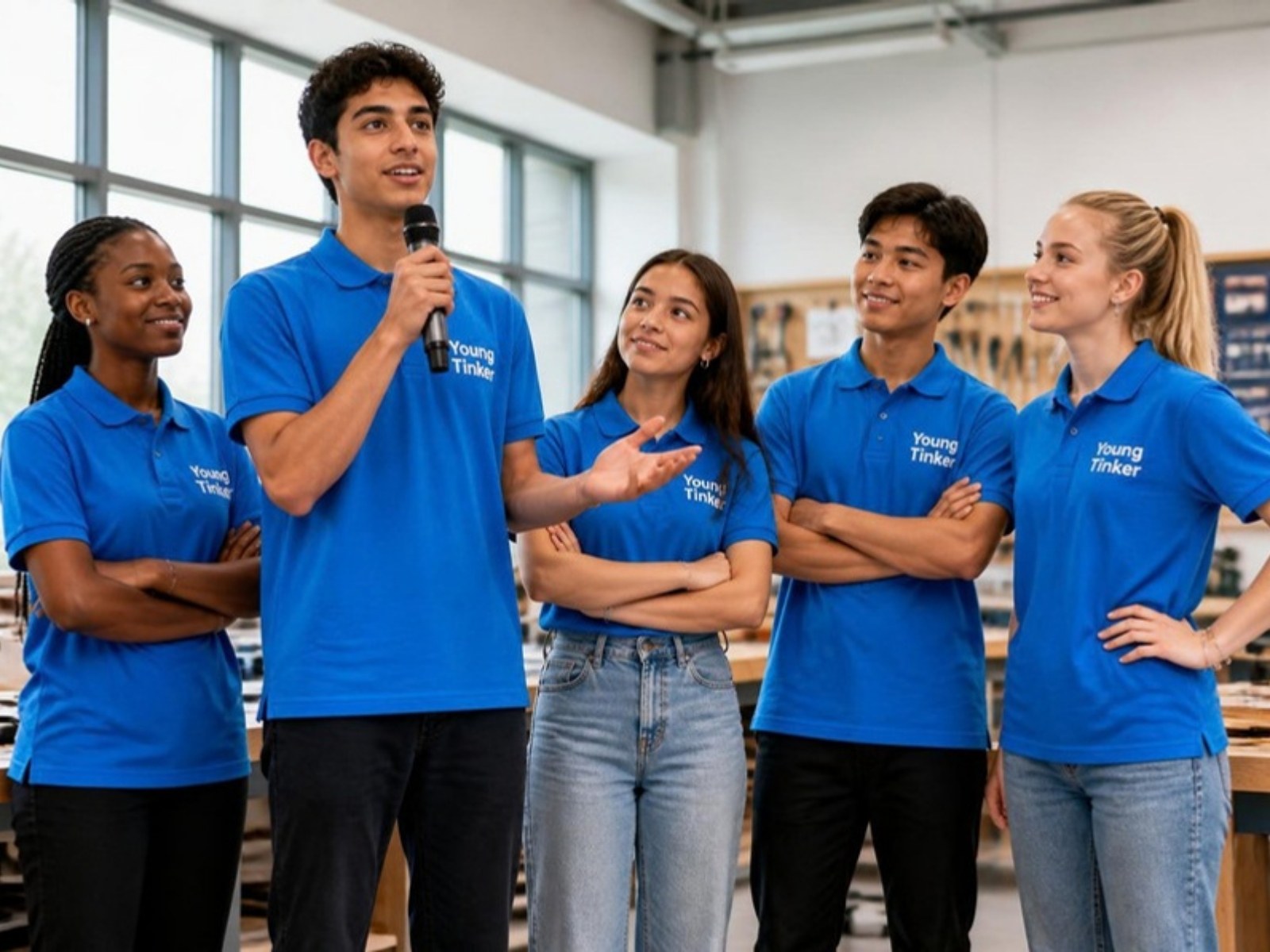 A confident young man speaking into a microphone beside four young people of different backgrounds, all in blue Young Tinker T-shirts