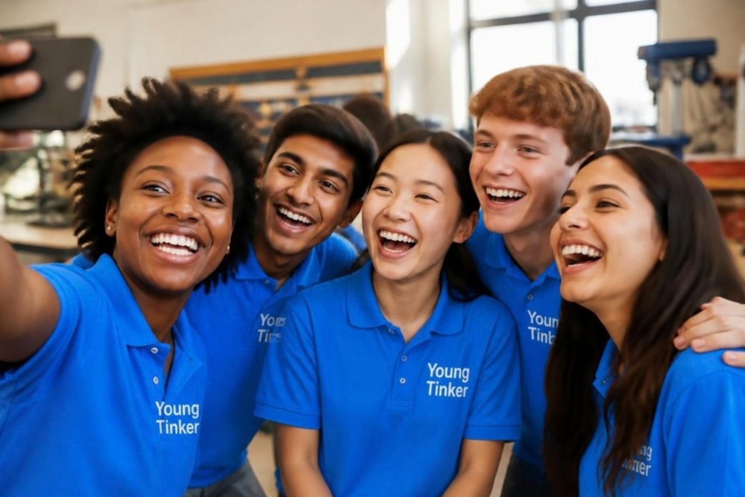 Five teenagers of different backgrounds in blue Young Tinker T-shirts laughing and taking a selfie together