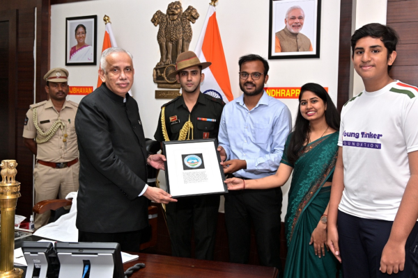 Handing over Young Tinker Mission patch "Anveshak 2084" to Hon'ble Governor, Andhra Pradesh